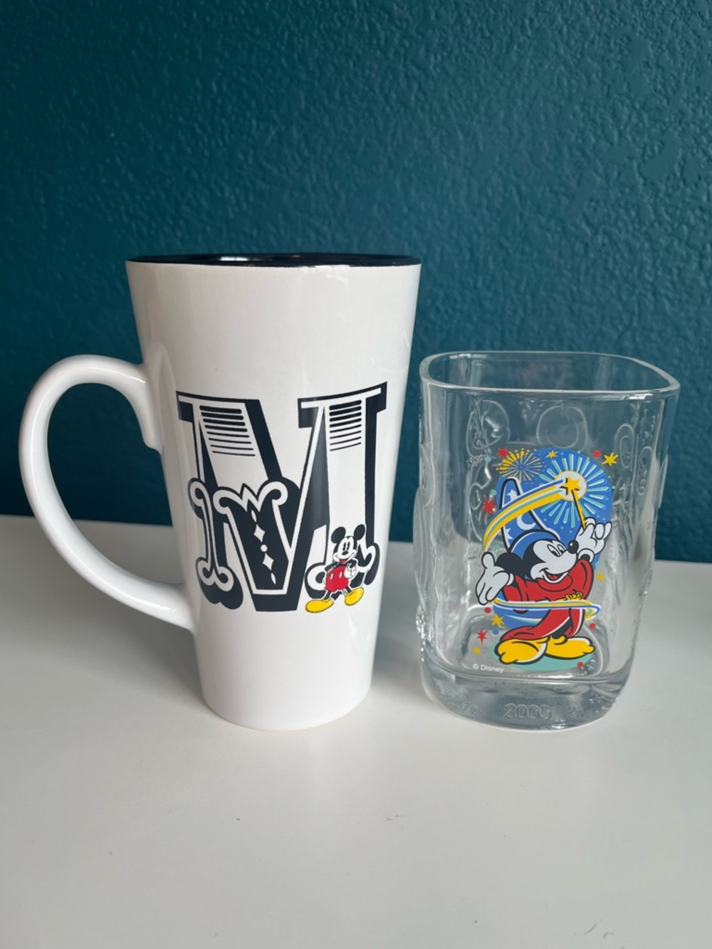 DisneyLand Walt Disney Mickey Mouse Tall Mug & Epcot McDonald’s 2000 Glass Cup